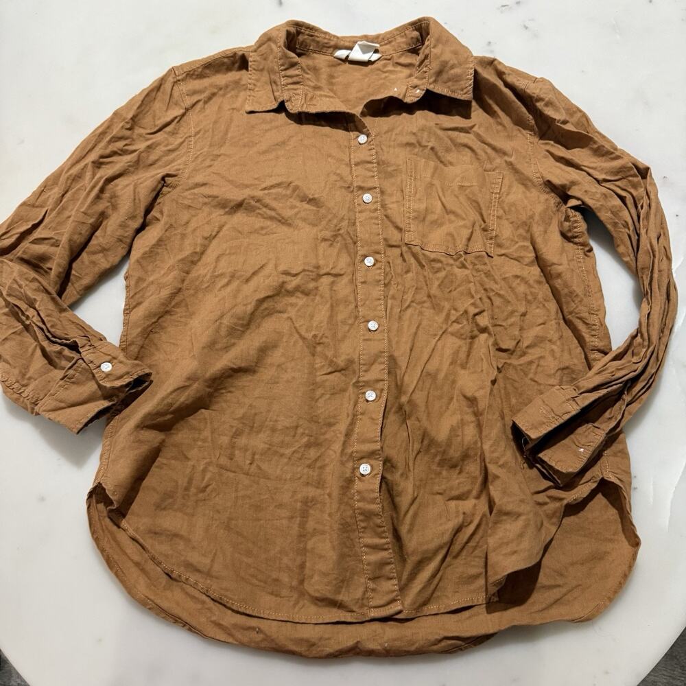 H&M 54% Linen 46% Cotton Button Down Shirt Womens Small Brown Minimalist